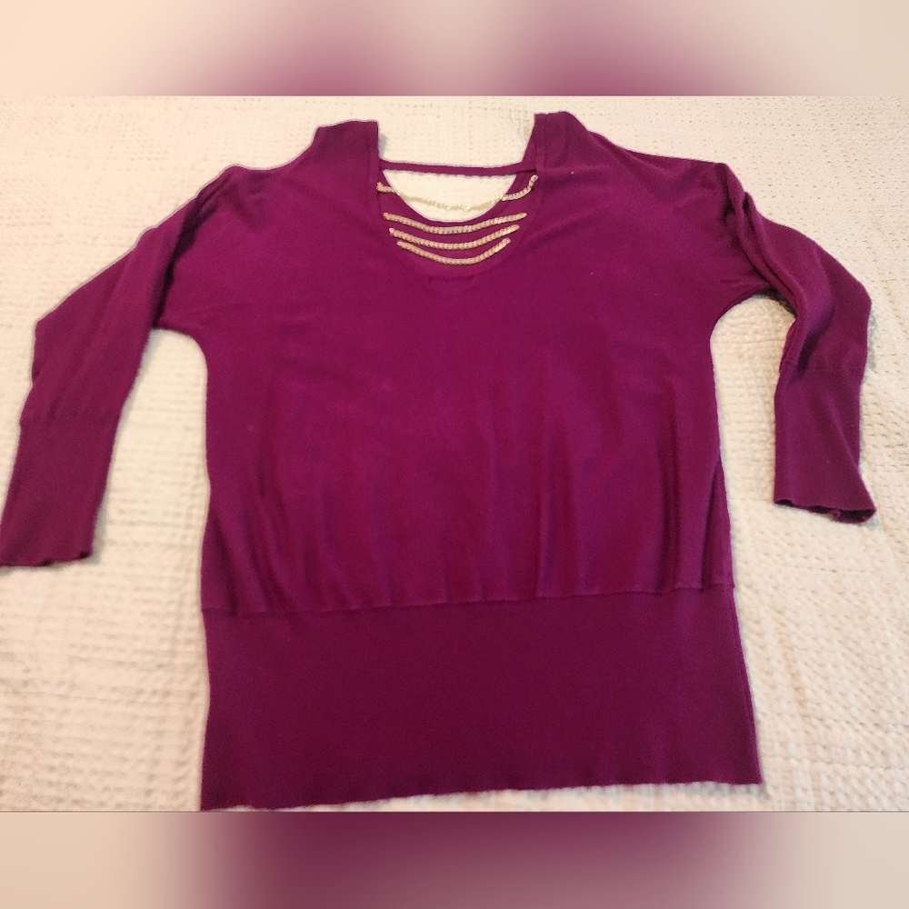 Thalia Sodi Women's Vibrant Plum Purple Lightweight Sweater Chain Accents Large